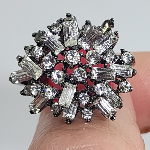 Baguette and Round White Rhinestone Dome Dressy Gunmetal Gray Cocktail Ring SZ 5 - Picture 5 of 13